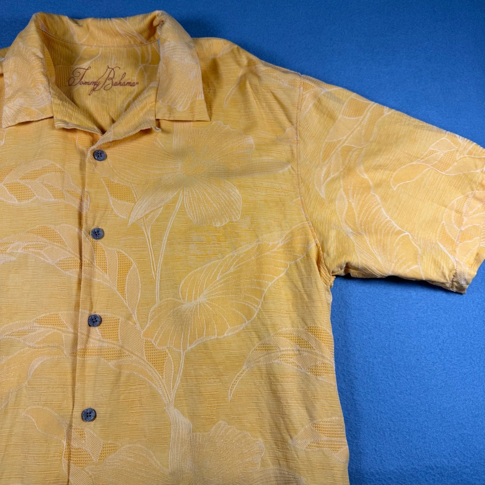 Vintage Tommy Bahama Silk Camp Shirt Yellow Floral Jacquard Hawaiian Mens M